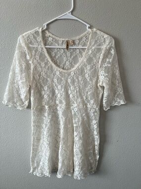 BKE Sheer White Lace Top Y2K Scoop Neck 3/4 Sleeves Boho Fairycore Cottagecore